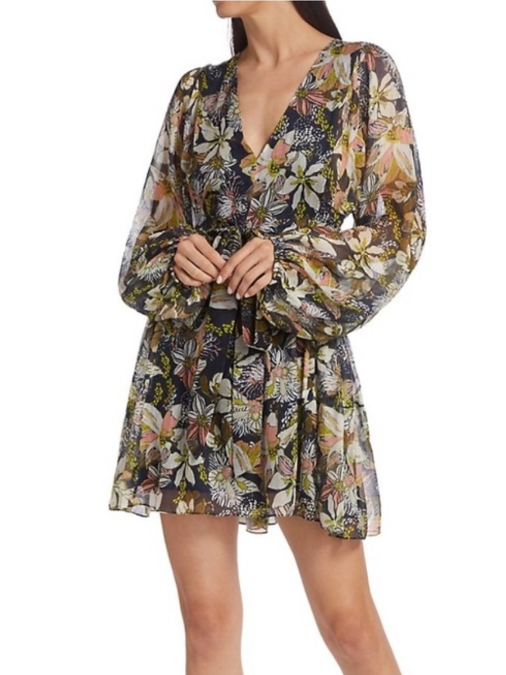 Tanya Taylor Vivaria Floral Linen Silk Mini Dress | Blouson Sleeves | Size 8